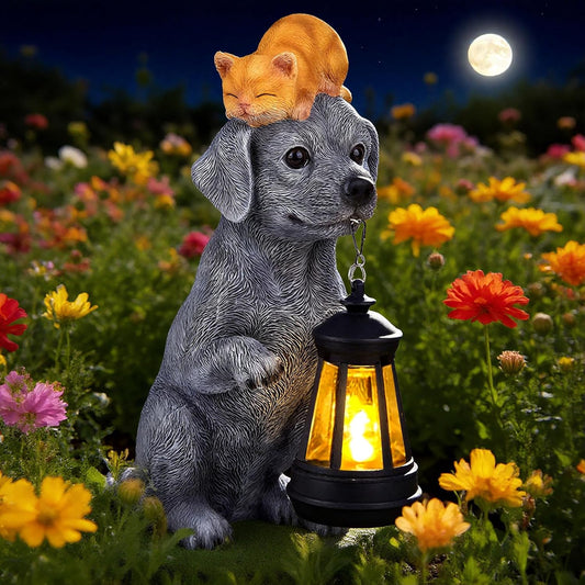 ILLUMINEW Solar Dog Garden Statue with Lantern and Sleeping Cat – Resin Pet Figurine Light for Outdoor Yard Decor, Gifts for Women, Mom, Grandma