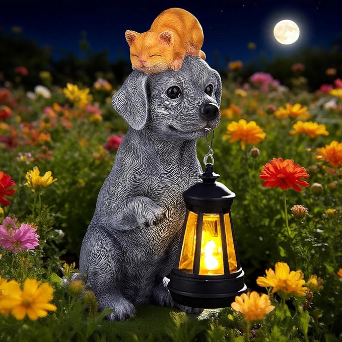 ILLUMINEW Solar Dog Garden Statue with Lantern and Sleeping Cat – Resin Pet Figurine Light for Outdoor Yard Decor, Gifts for Women, Mom, Grandma - Bloomnest