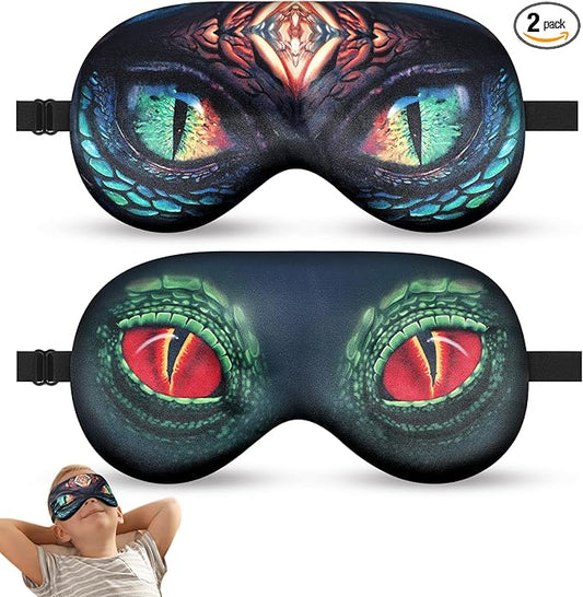 2 Pcs Sleep Mask for Kids Boys, Silk Eye Covers for Sleeping, Adjustable Strap & Light Blocking Design, Adult Children's Bedtime Blindfold for Travel and Home Use (Red Dinosaur Eyes) - Bloomnest