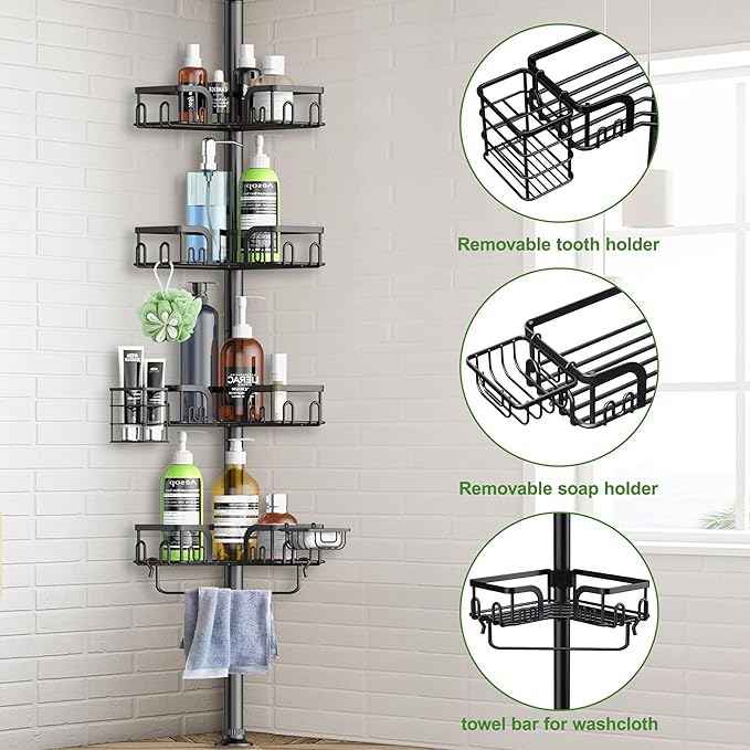 Corner Shower Caddy Tension Pole 4 Tier Adjustable Stainless Steel Shower Shelf for Inside Shower Bathtub Shampoo,Standing Bathroom Organizer Shelves with 39 to 113 inch Height - Bloomnest