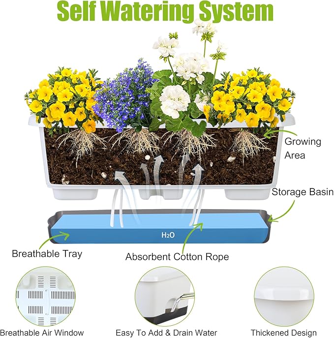 Window Box Planter 6 Pcs, 18 Inches Rectangle Flower Pots with Drainage Holes and Trays, Vegetable Planters for Windowsill Patio Garden Balcony Home Porch Yard Indoor Outdoor (White, 18*10*6 inch) - Bloomnest