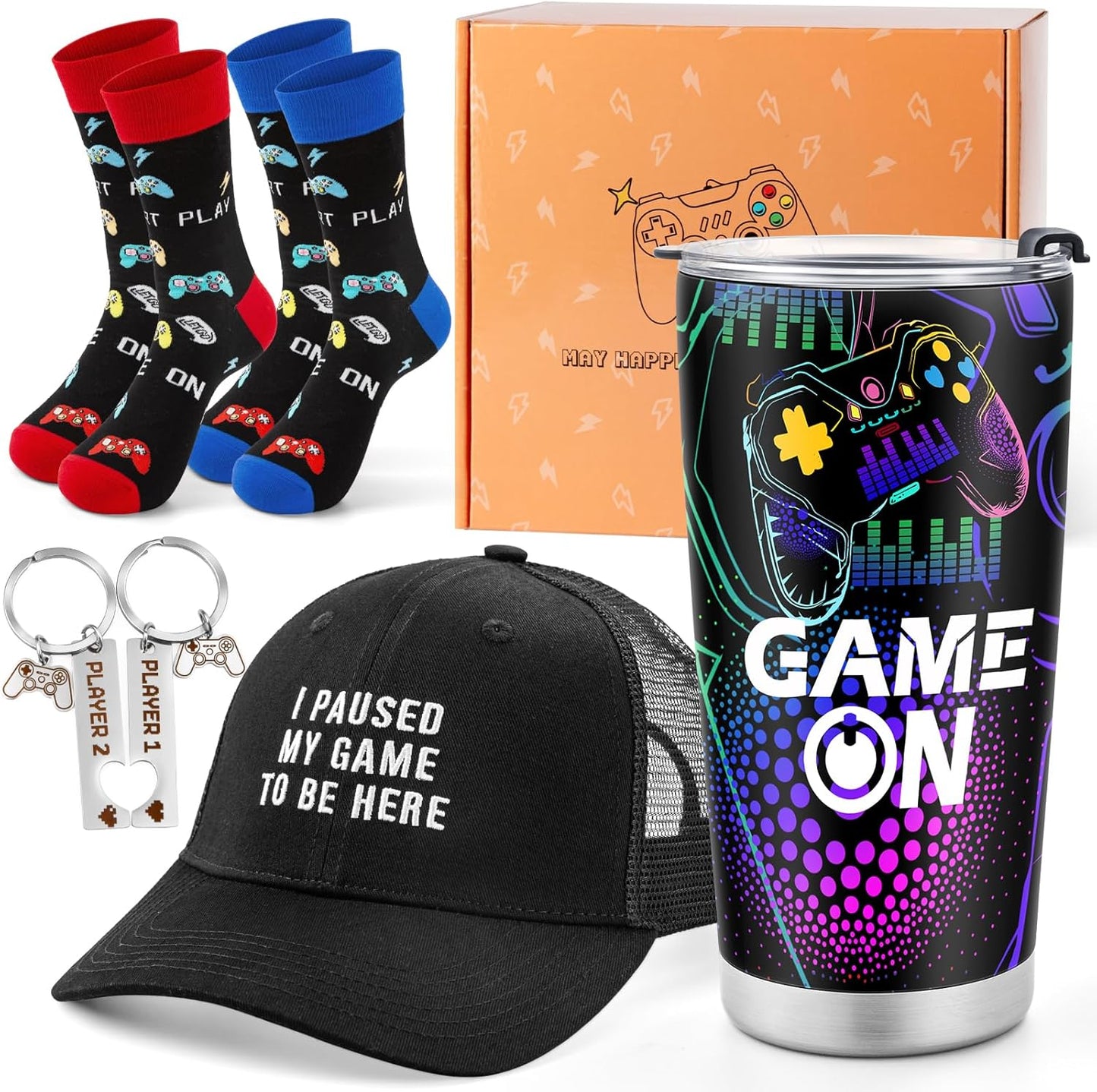Jekeno Gamer Gaming Tumbler Gift Set for Kids Boys Teens Birthday Christmas Gamepad Gift Box for Men Dad Boyfriend Husband Brother Male Friends Video Game Lovers Mug Socks Hat Gift Basket Presents