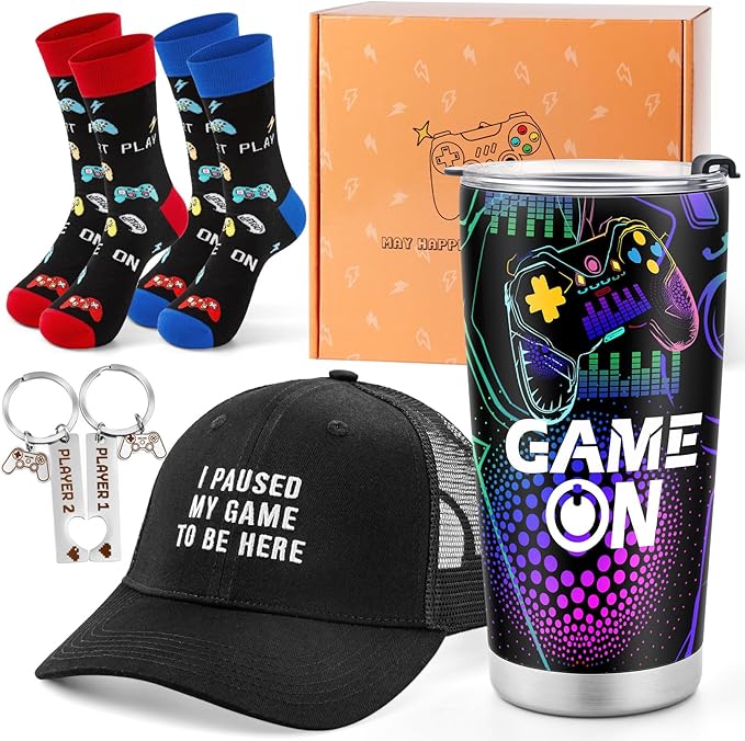 Jekeno Gamer Gaming Tumbler Gift Set for Kids Boys Teens Birthday Christmas Gamepad Gift Box for Men Dad Boyfriend Husband Brother Male Friends Video Game Lovers Mug Socks Hat Gift Basket Presents - Bloomnest