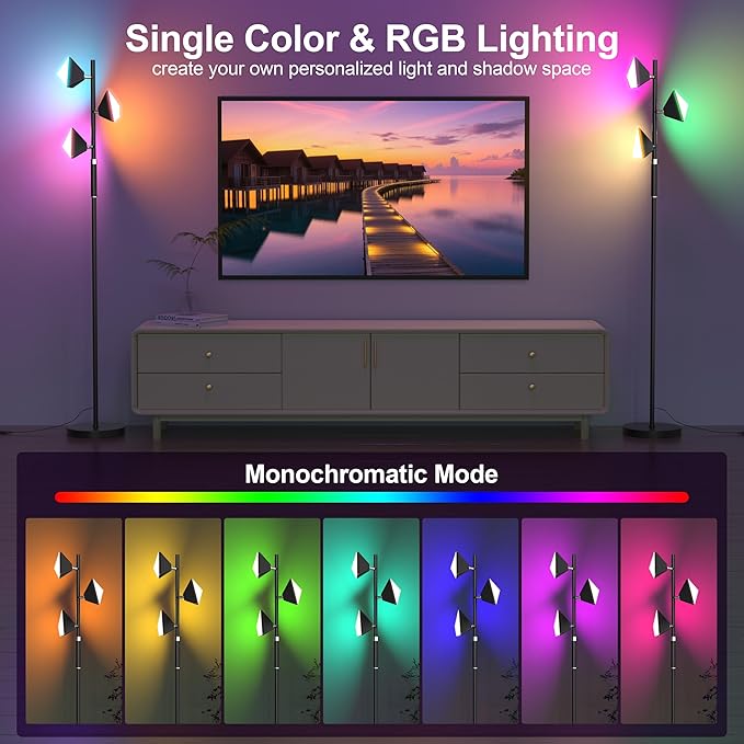 PARTPHONER RGB Tree Floor Lamp for Living Room, Stepless Dimmable Tall Standing Lamp with Remote, Touch Control and 3 Rotatable Light, Bright LED Lights for Bedroom with 4 Color-Changing, Black - Bloomnest