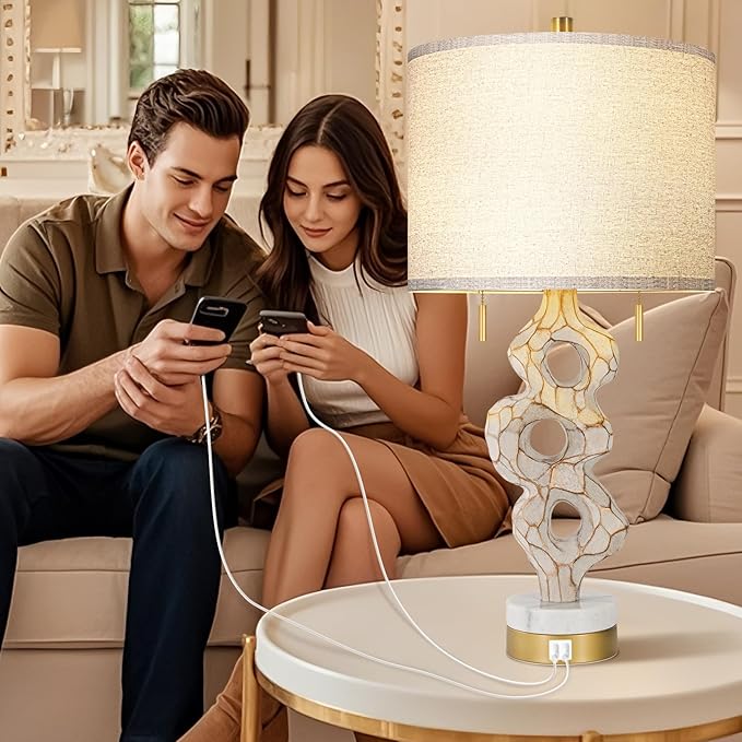 Scenekoy Sculptural Table Lamp Set of 2 for Bedroom, 26” Farmhouse Bedside Lamps for Living Room, Rustic Linen Shade Night Stand Lamp Marble Base with USB Ports for Home Decor (E26 Bulbs Included) - Bloomnest