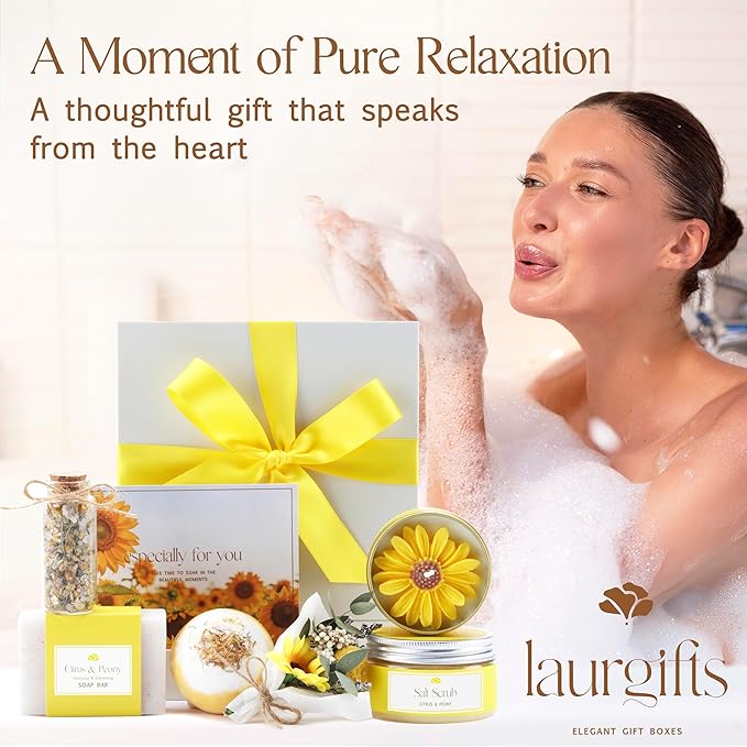 Birthday Gifts for Women – Yellow Sunshine Spa Gift Box, Luxury Bath & Self Care Care Package with Citrus & Amber Scent for Mom, Sister or Friend