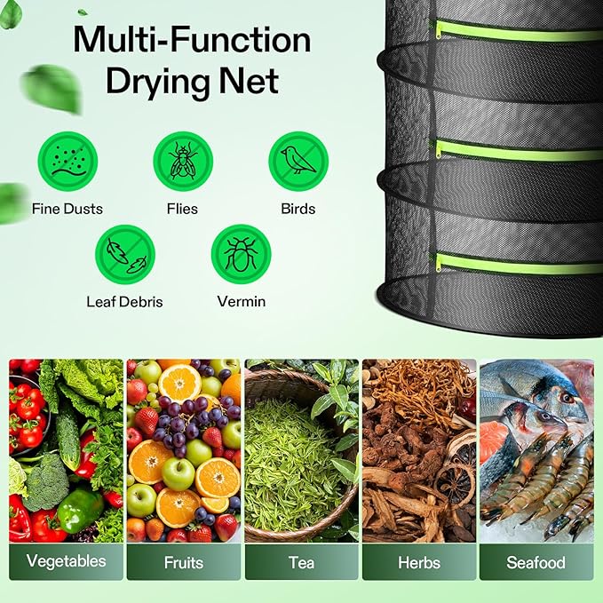 VIVOSUN 3-Layer Mesh Drying Rack Hanging Design with Green Zippers for Dehydrating, Indoor and Outdoor Pruning Shears Included - Bloomnest