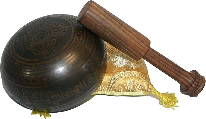 3385 SB Tibetan Auspicious Symbol Singing Bowl Set ~ Mallet Cushion Meditation Chakra Healing Prayer Yoga Mindfulness (SB-3385-F) - Bloomnest