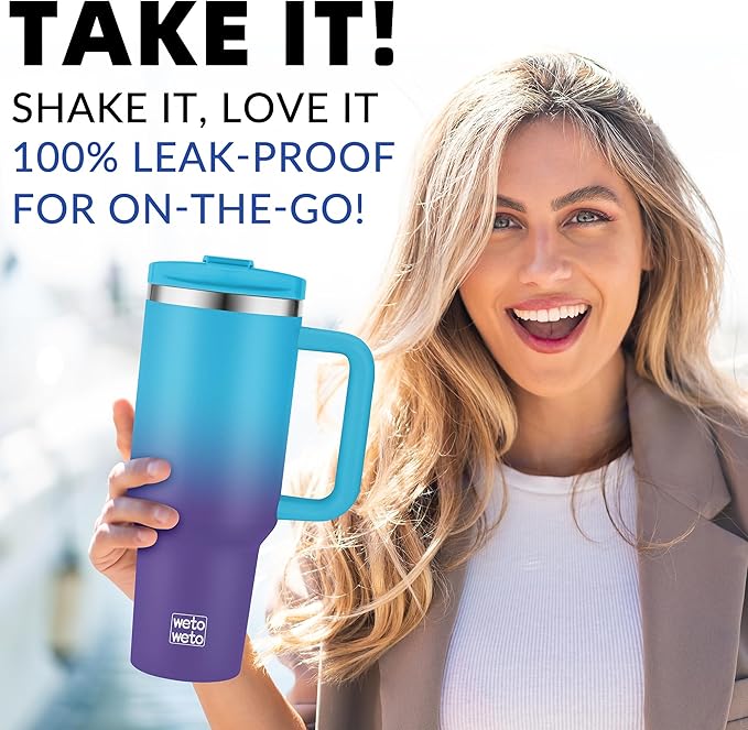 40oz Tumbler with Handle | Insulated Stainless Steel Travel Mug | 34Hrs Cold & 10Hrs Hot Retention | 100% Leakproof Lid & Straw | Dishwasher Safe + Car Cup Holder Fit (Light Blue Violet Gradient) - Bloomnest