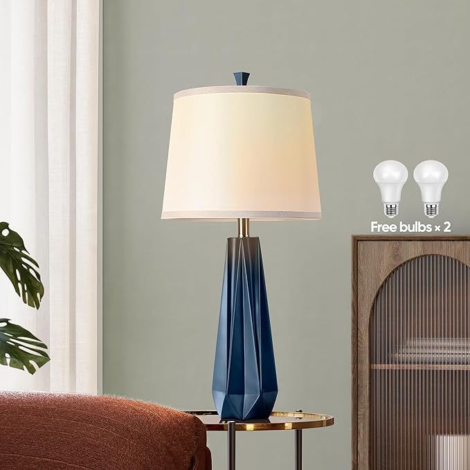 WIHTU 3 Color Temperature Table Lamps Set of 2, 27'' Navy Blue Modern Table Lamp for Living Room, Beside Lamp with Linen Shade, Resin Desk Lamp for Nightstands Bedroom Office Decor (2 Bulbs Included) - Bloomnest