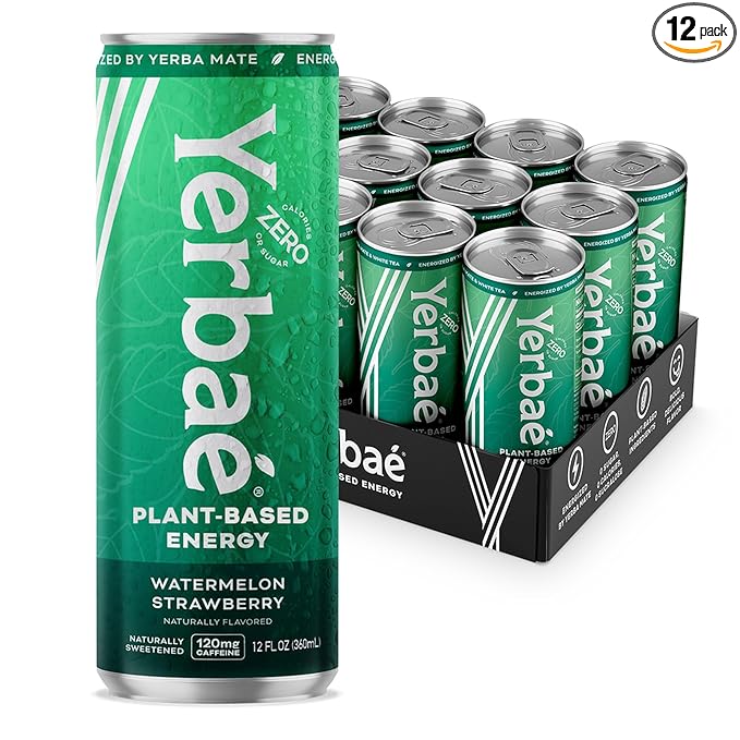 Yerbaé Energy Beverage, Watermelon Strawberry, 120mg Caffeine. No Sugar/Calories/Carbs, Energized by Yerba Mate, Plant-Based, Healthy Alternative to Sugary Drinks, Pack of 12, 12oz cans - Bloomnest