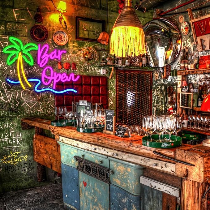 Bar Open Sign for Business, Neon Open Sign, USB Dimmable Palm Tree Neon Lights for Beer Bar Coffee Cafe Home Pub Man Cave Stores Hotel Party Window Wall Decor Restaurant - Bloomnest