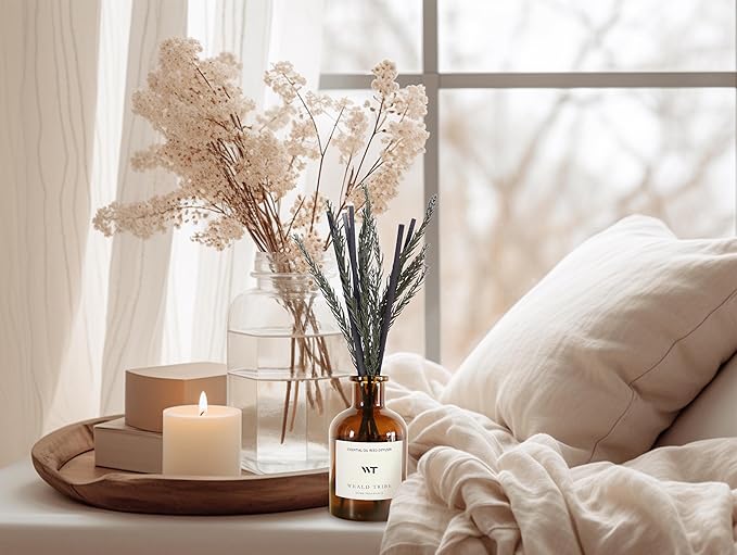 WEALD TRIBE Reed Diffuser Set for Bathroom Air Fresheners, Oil Diffuser Sticks with Flower | Balsam Fir Scent 4.0 fl oz Home Fragrance with Sticks Defusers | House Bedroom Office Shelf Decor - Bloomnest