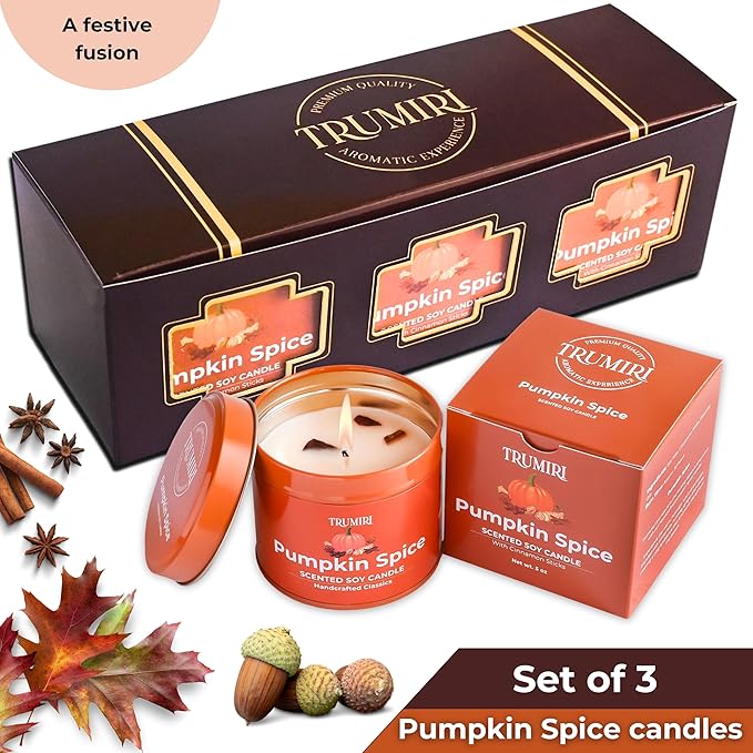 Pumpkin Spice - Cinnamon Soy Candles for Home Scented - for Fall Halloween Thanksgiving Holidays - Pack of 3 x 5oz Natural Clean Non Toxic Long Lasting Highly Scented Candels with Essential Oils TRUMIRI