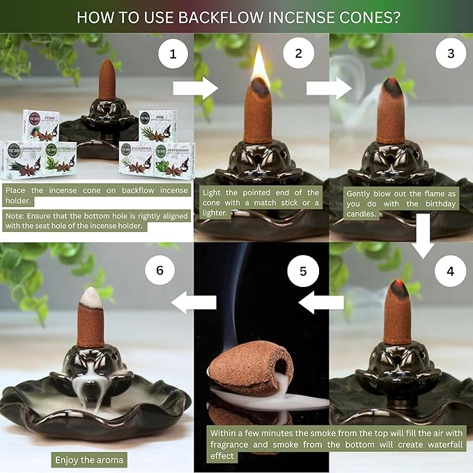 Leafy - Backflow Incense Cones for Waterfall - Scented Inscents-Cones - Peppermint, Citronella, Pine, Cedar, Eucalyptus, Lemongrass - Insiensos Aromaticos - 6x10=60 Large Variety Pack TRUMIRI