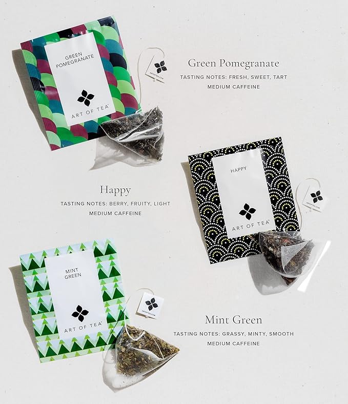 Art of Tea | Assorted Tea Sampler | 12 Count Sampler Box | Breakfast Tea, Earl Grey Creme, Egyptian Chamomile (Non-Caffeinated), French Lemon Ginger (Non-Caffeinated), Green Pomegranate, Mint Green, Tali's Masala Chai, Happy Tea, and White Coconut Creme - Bloomnest