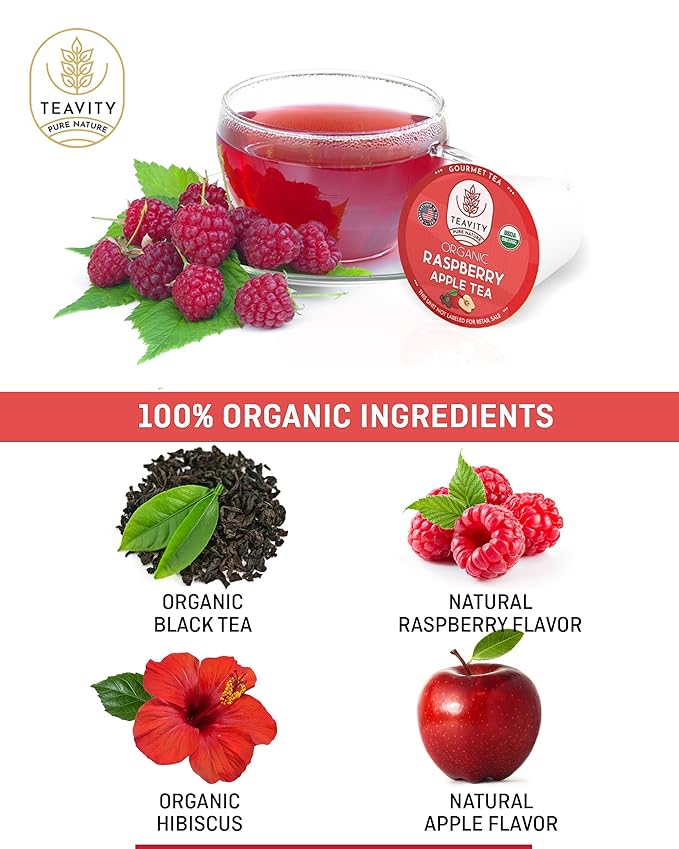 Organic Raspberry Apple Black Tea Pods for Keurig - Naturally Caffeinated Fruit Tea by Teavity (12 Tea Pods) - Bloomnest