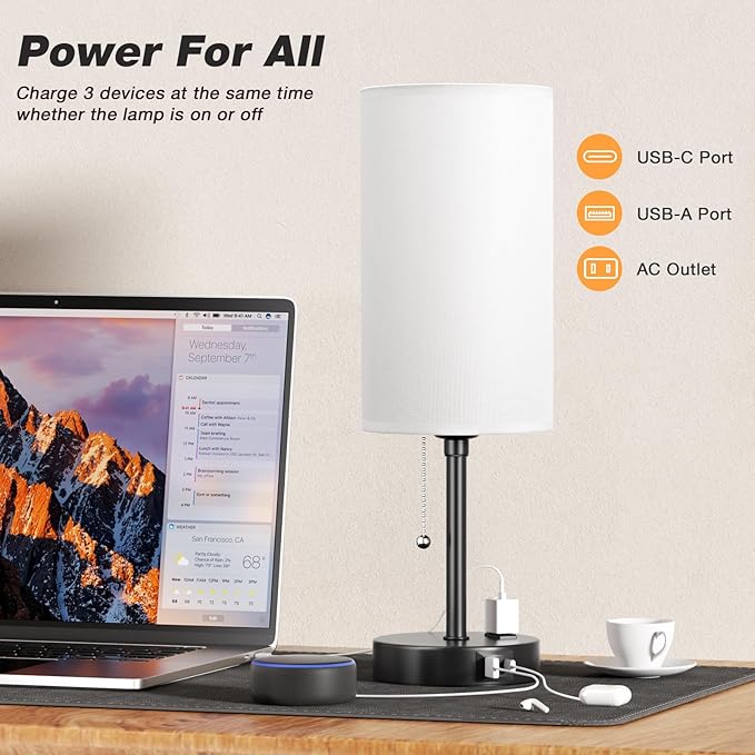 Dicoool 17Inch Tall Bedroom Lamps with USB C and A Ports 3 Color Temperatures - Pull Chain White Nightstand Bedside Table Lamp with AC Outlet, Side Lamp for Living Room End Table - Bloomnest