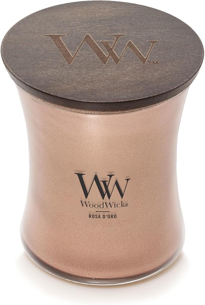 WoodWick Rosa D'oro Holiday Candle Gifts for Women and Men, 9.7 oz Precious Metals Collection with Crackling Wick - Bloomnest