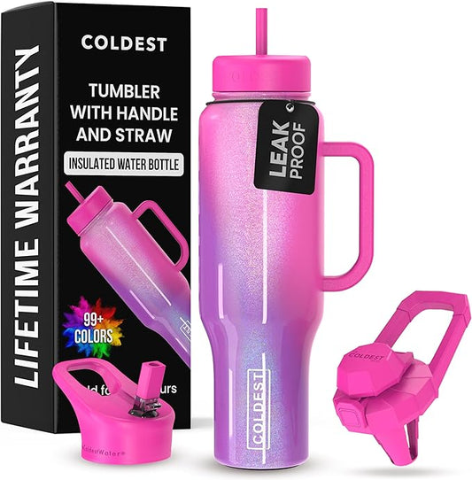 Coldest Tumbler with Handle and Straw, 100% Leak Proof Insulated Tumbler with Lid and Straw (3 Lids), Stainless Steel Tumblers for Women & Men, Cup Holder Friendly, 46 oz (Mulberry Dream) - Bloomnest