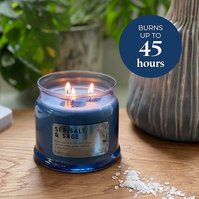 PartyLite Sea Salt & Sage Scented, Notes of Salted Air, Sea-Soaked Sage, Driftwood, Coconut and Sandalwood, 13.2oz 3-Wick Jar Candle, 45 Hour Burn Time, Luxurious Fragrance, Perfect for Gifting - Bloomnest