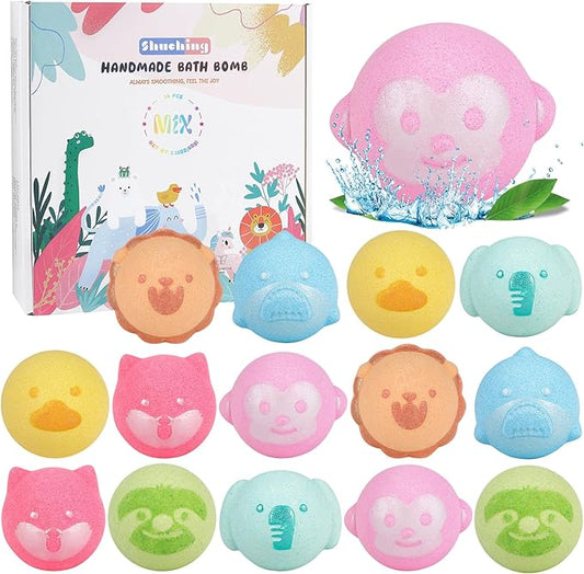 SHUCHING 14 Pcs Colorful Animal Bath Bombs with Surprise Inside, Natural and Organic Bubble Bath Fizzy Balls for Kids, Birthday Christmas Gifts Set for Boys Girls - Bloomnest