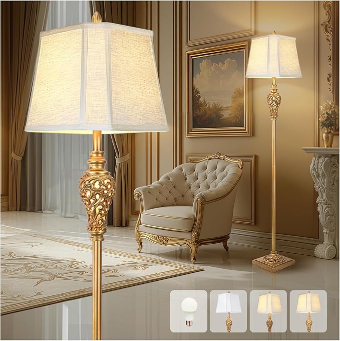 Vintage Farmhouse Floor Lamp with Nightlight, 65" Tall Standing Lamp with White Linen Fabric Shade, Antique Gold Finish, Elegant Reading Corner Light for Living Room, Bedroom, Office (Bulb Included) - Bloomnest