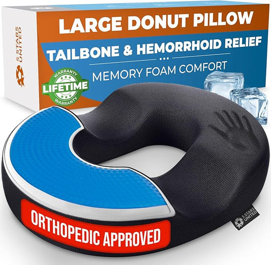 5 STARS UNITED Donut Pillow Hemorrhoid Tailbone Cushion – Large Chair Pad for Pain Relief – Coccyx, Prostate, Sciatica, Pelvic Floor, Pressure Sores, Pregnancy, Postpartum Recovery, Arctic Black - Bloomnest