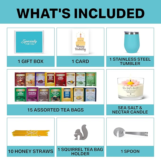 Birthday Gift Set with Stainless Tumbler, 15 Assorted Teas, 10 Honey Straws, Tea Tongs, Scented Candle and Greeting Card in Ready-to-Gift Box (Teal - Birthday Card) - Bloomnest