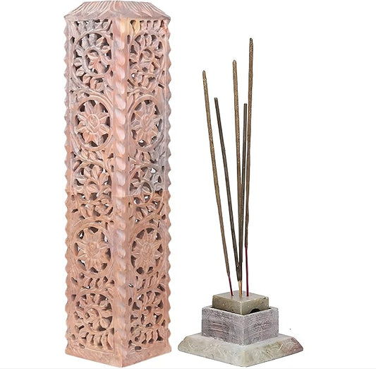 Carry Me Handmade Marble Soapstone Incense Stick Burner | Candle Stick Holder | Tea Light Stand - Floral Carving for Gifting. Decorative Incense Tower for Home and Office Decor. (3x3x11 Inches) - Bloomnest