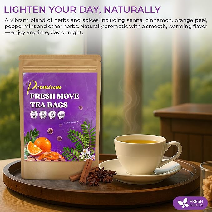 FreshDrinkUS, Fresh Move Tea – 75 Tea Bags - Herbal Tea Blend with Senna Leaves, Cinnamon, Orange Peel, Ginger & More – Caffeine-Free, Natural Ingredients – Smooth Flavor for Everyday Enjoyment - Bloomnest