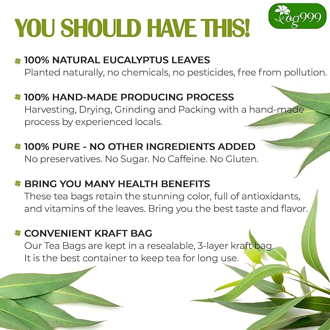 TOG999, Premium 100 Eucalyptus Leaf Tea Bags, 100% Natural & Pure Eucalyptus Leaves. Loose Leaf Eucalyptus Herbal Tea. Eucalyptus Leaf Tea. No Sugar, No Caffeine, No Gluten, Vegan. - Bloomnest