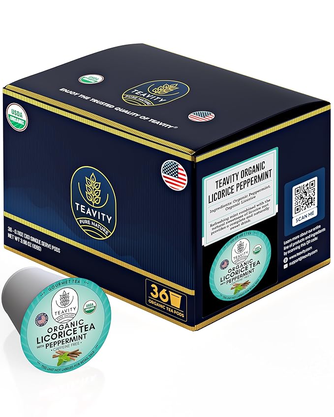 Organic Licorice Mint Tea Pods for Keurig - Natural Decaf Peppermint Tea by Teavity (36 Tea Pods) - Bloomnest