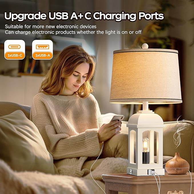 QiMH Table Lamp for Living Room, Farmhouse Lamps Set of 2 with USB A+C and Nightlight, 26" Rustic Bedside Lamps with 3-Way Dimmable, Touch Nightstand Lamp for Bedroom, White - Bloomnest