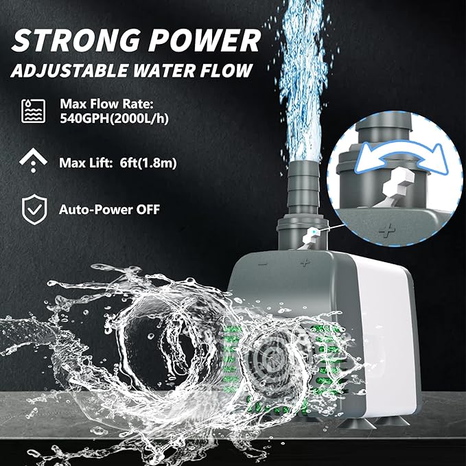 540GPH Submersible Water Pump - Fountain pumps with Auto Shut Off, Adjustable Flow & Ultra-Quiet for Fountains, Ponds, Aquariums, Fish Tank, and More - Bloomnest