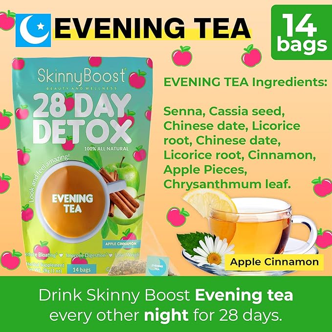 Skinny Boost Detox Tea Kit- 2 PACK –1 Daytime HIBISCUS (28 Bags) + 1 Evening APPLE CINNAMON-(14 Bags) – Herbal Detox for Energy, Bloating & Colon Cleanse – Green Tea, Vegan, Keto, Non-GMO, Sugar-Free - Bloomnest