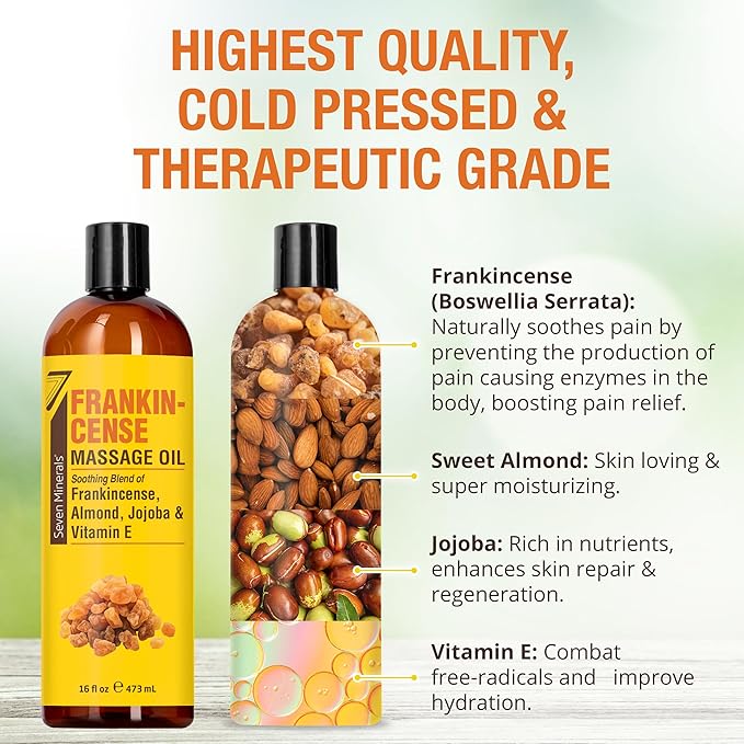 Seven Minerals Frankincense Massage Oil for Massage Therapy - Big 16 oz - Ideal for Professional or at-Home Body Massage. Soothing Natural Blend of Almond, Jojoba & Vitamin E
