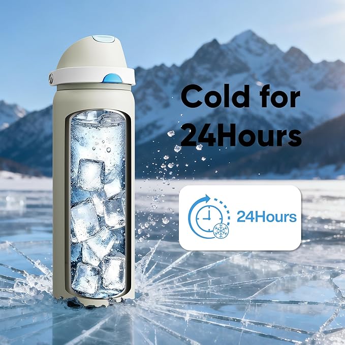 Insulated Water Bottle with Straw - Encool Stainless Steel Water Bottle with Push Button Lid, Leak-Proof & BPA-Free, Keeps Cold for 24 Hours for Sports, Travel, Gym (32 oz, Kangaroo Grey) ENCOOL