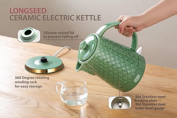 Ceramic Electric Kettle, 1.5L/1200W Boil Water Quickly and Easily with Boil-Dry Protection Auto Shut Off, Detachable Swivel Base, Green Relief Carving - Bloomnest