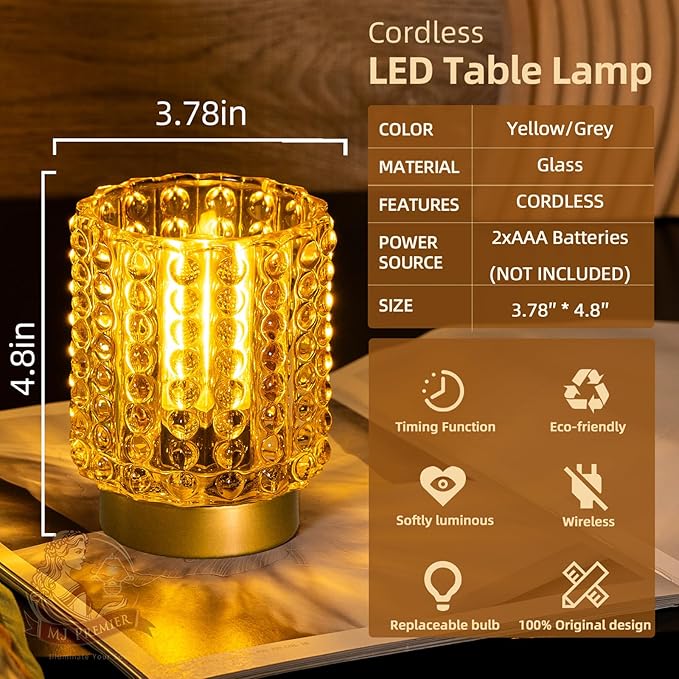 Battery Operated Lamp with Timer, Mini Crystal Table Lamps for Home Decor, Small Cordless Lamp for Areas No Outlets, Glass Battery Powered Lamps for Entryway, Bedroom, Bathroom, Shelf, Corner(Yellow) - Bloomnest
