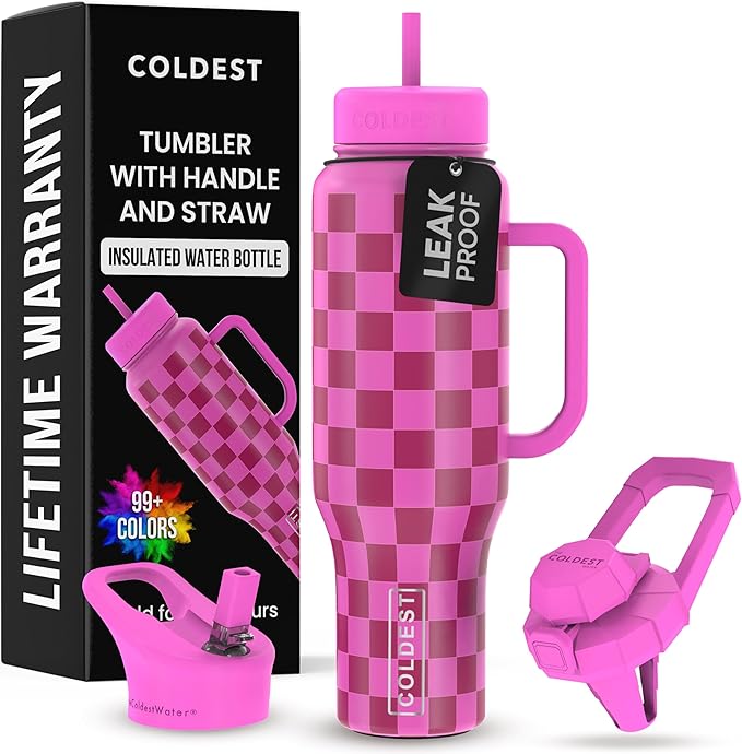 Coldest Tumbler with Handle and Straw, 100% Leak Proof Insulated Tumbler with Lid and Straw (3 Lids), Stainless Steel Tumblers for Women & Men, Cup Holder Friendly, 46 oz (Purple Checkers) - Bloomnest