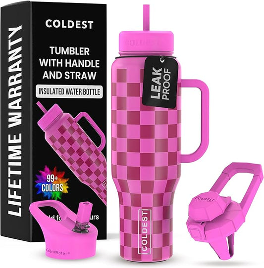 Coldest Tumbler with Handle and Straw, 100% Leak Proof Insulated Tumbler with Lid and Straw (3 Lids), Stainless Steel Tumblers for Women & Men, Cup Holder Friendly, 46 oz (Purple Checkers) - Bloomnest