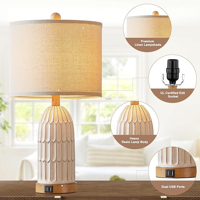 Boho Table Lamps Set of 2, Farmhouse 3-Way Dimmable Touch Nightstand Lamp with 2 USB Charging Ports, White Vintage Bedside Lamp for Bedroom Living Room End Table (Bulbs Included) - Bloomnest