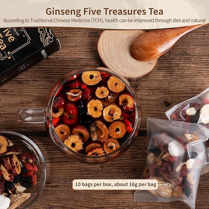 Ginseng Five Treasures Kidney Tea, Traditional Chinese Herbal TeaBags, Natural Organic Kidney Cleanse Detox Tea for Women & Men, 7 Precious Ingredients Formula(3 Pack/75 Bags) - Bloomnest