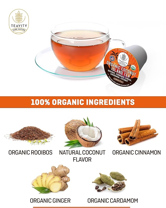 TEAVITY Organic Coconut Island Tea Pods | Recyclable Single-Serve Tea Pods Compatible with Keurig K-Cup 2.0 Brewers | Certified USDA Organic | 36 Count (Pack of 1) - Bloomnest