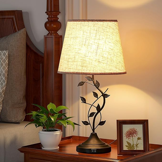 Kakanuo USB Touch Table Lamp Bedside Lamp with USB C Charging Ports for Living Room, Beige 3 Way Dimmable Traditional Nightstand Lamp Retro Table Lamp for Bedroom and Office (LED Bulb Included) - Bloomnest