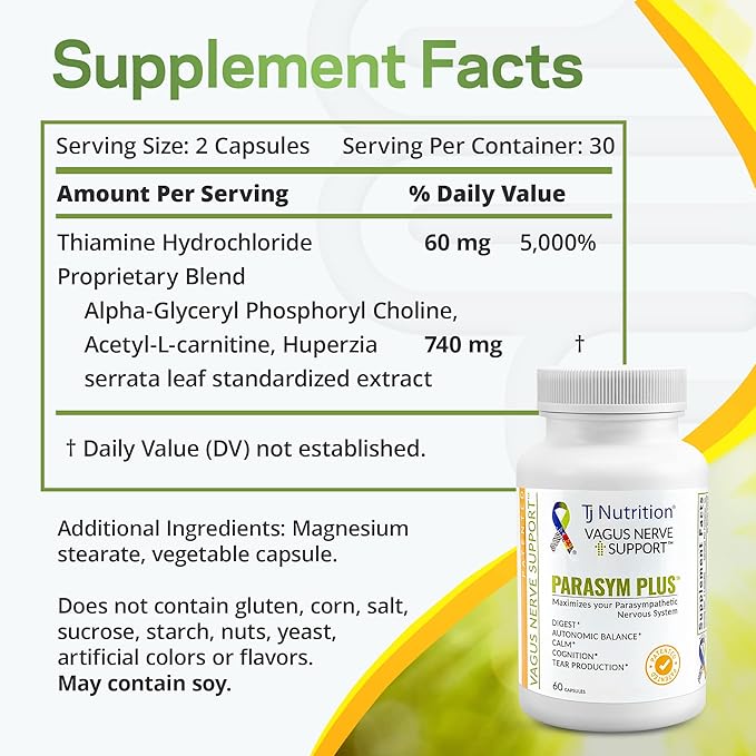Parasym Plus Vagus Nerve Support, Patented Digestive Nutritional Supplements, Energy Booster for Men and Women, Memory Supplement for Brain, Gentle Immune System Support, 60 Capsules