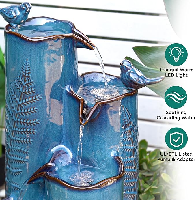 Outdoor Water Fountain with Lights, 32" Ceramic Vase Fountain with 4-Tier Waterfall and Bird Decor, Tall Garden Waterfall with Turquoise Glaze & Tropical Fern for Patio, Yard, Balcony, Porch - Bloomnest