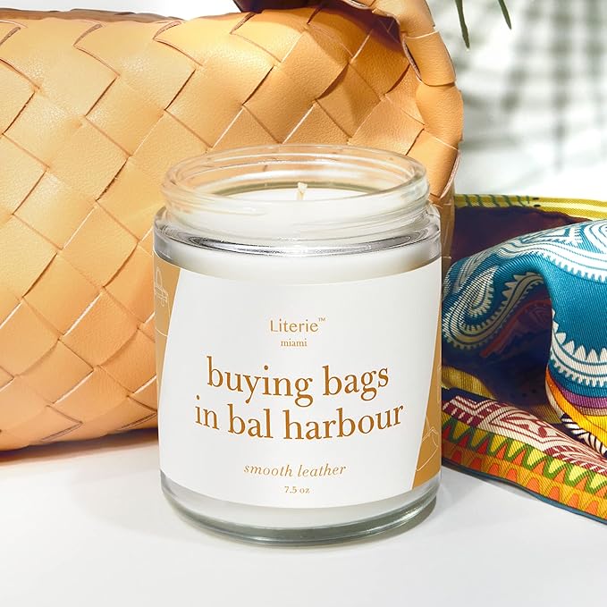 Literie Miami Inspired Scented Candle: Buying Bags in Bal Harbor - Smooth Leather Scent, 7.5oz, 40 Hour Burn, Vegan Soy & Coconut Blend Candle for Home Decor, Gift for Women & Men - Bloomnest