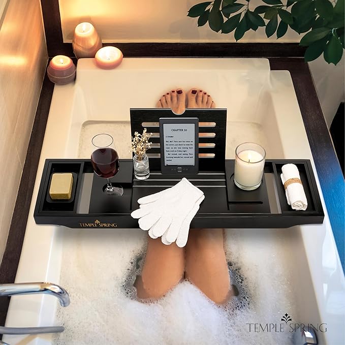 Temple Spring Wooden Bathtub Tray, Bamboo Bathroom Accessories, Bath Tray for Tub, at Home Spa Essentials, Board for Tub Table, Bath Caddy for Bathtub Accessories & Bathroom Essentials – Black - Bloomnest